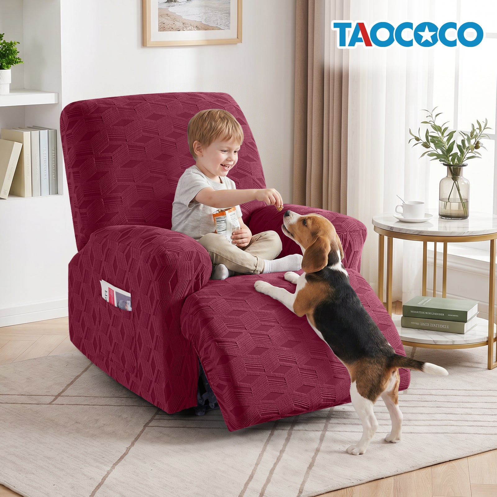 TAOCOCO Stretch  Recliner Chair Cover – 1xl Seater in burgundy pet friendly jacquard