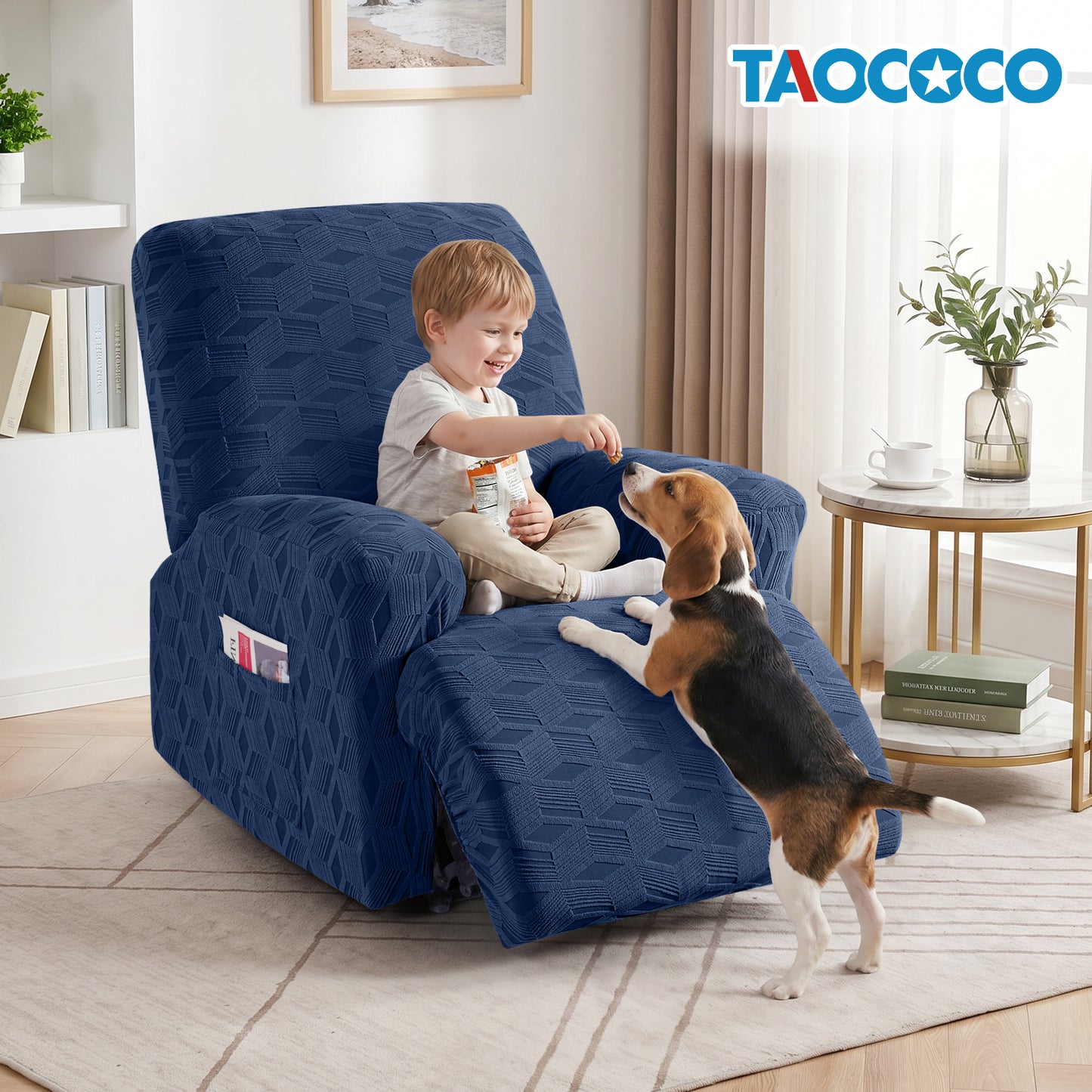 TAOCOCO Stretch  Recliner Chair Cover – 1XL Seater in Dark blue pet friendly jacquard