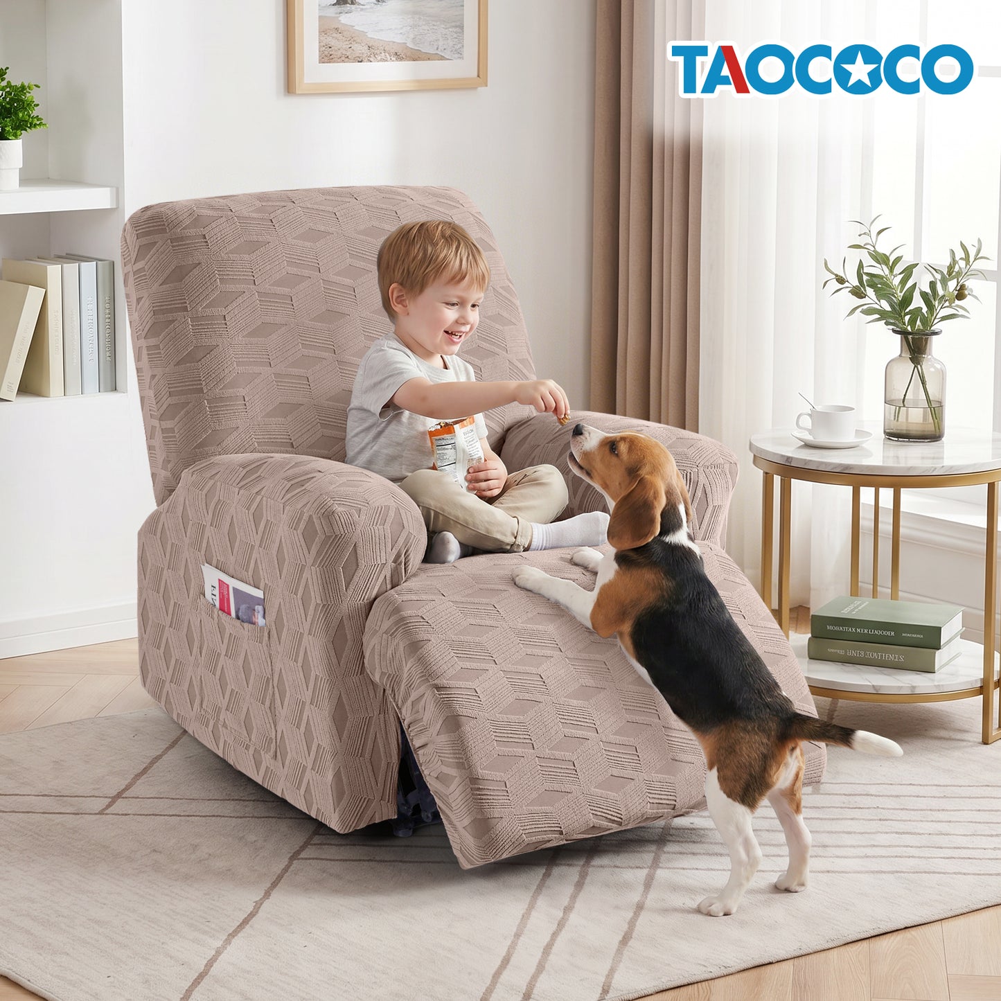 TAOCOCO Stretch  Recliner Chair Cover – 1xl Seater in khaki pet friendly jacquard