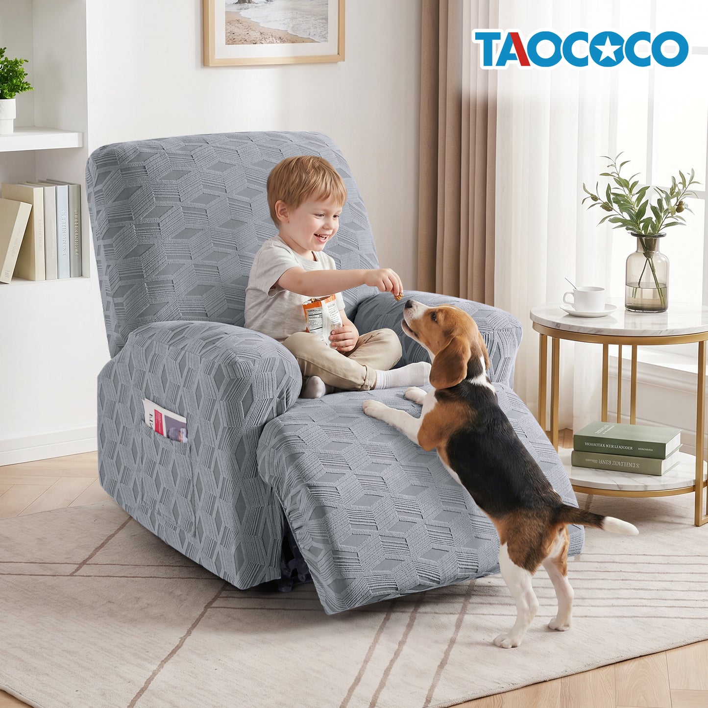 TAOCOCO Stretch  Recliner Chair Cover – 1xl Seater in light grey pet friendly jacquard