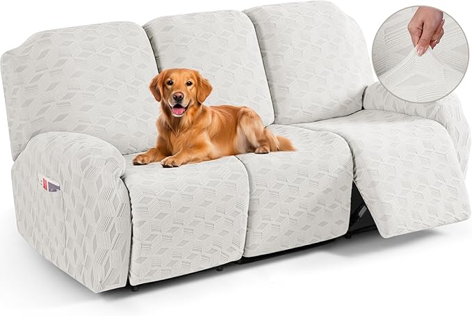 TAOCOCO Stretch  Recliner Chair Cover – 3 Seater in cream white pet friendly jacquard
