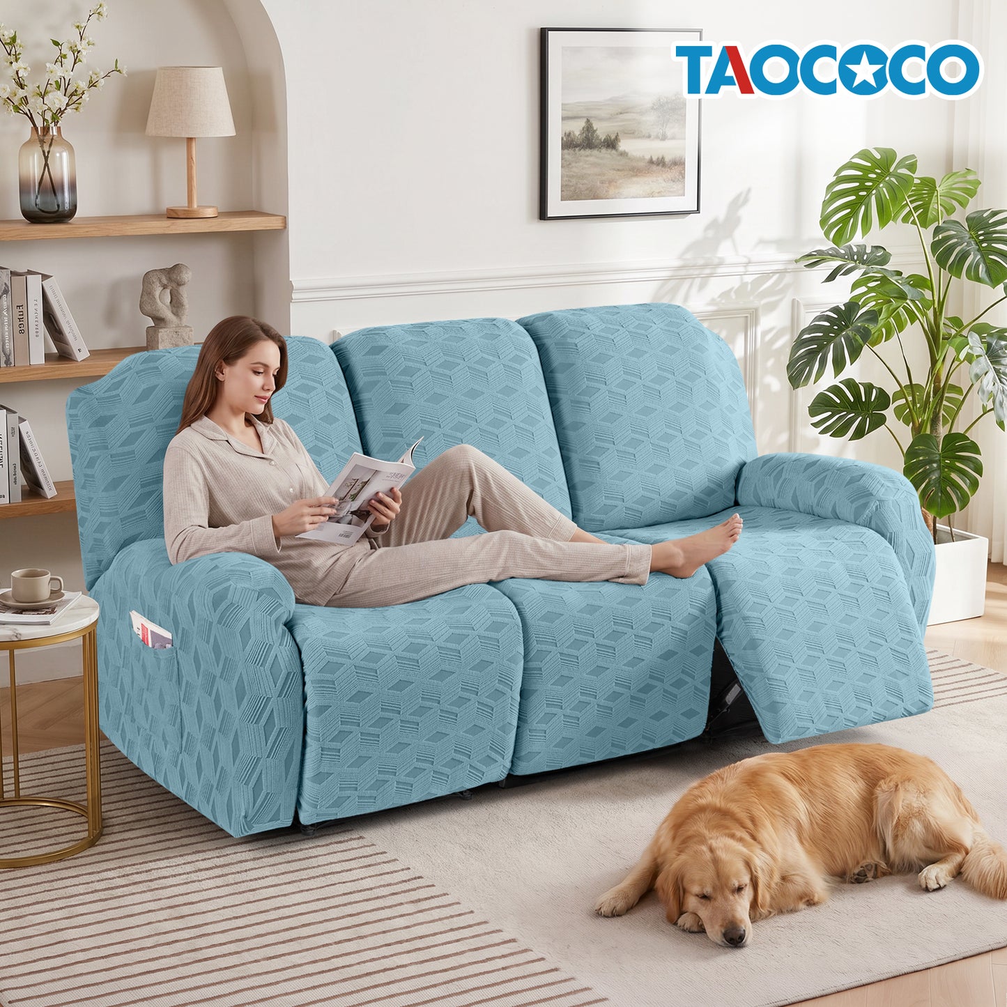 TAOCOCO Stretch  Recliner Chair Cover – 3 Seater in light blue pet friendly jacquard