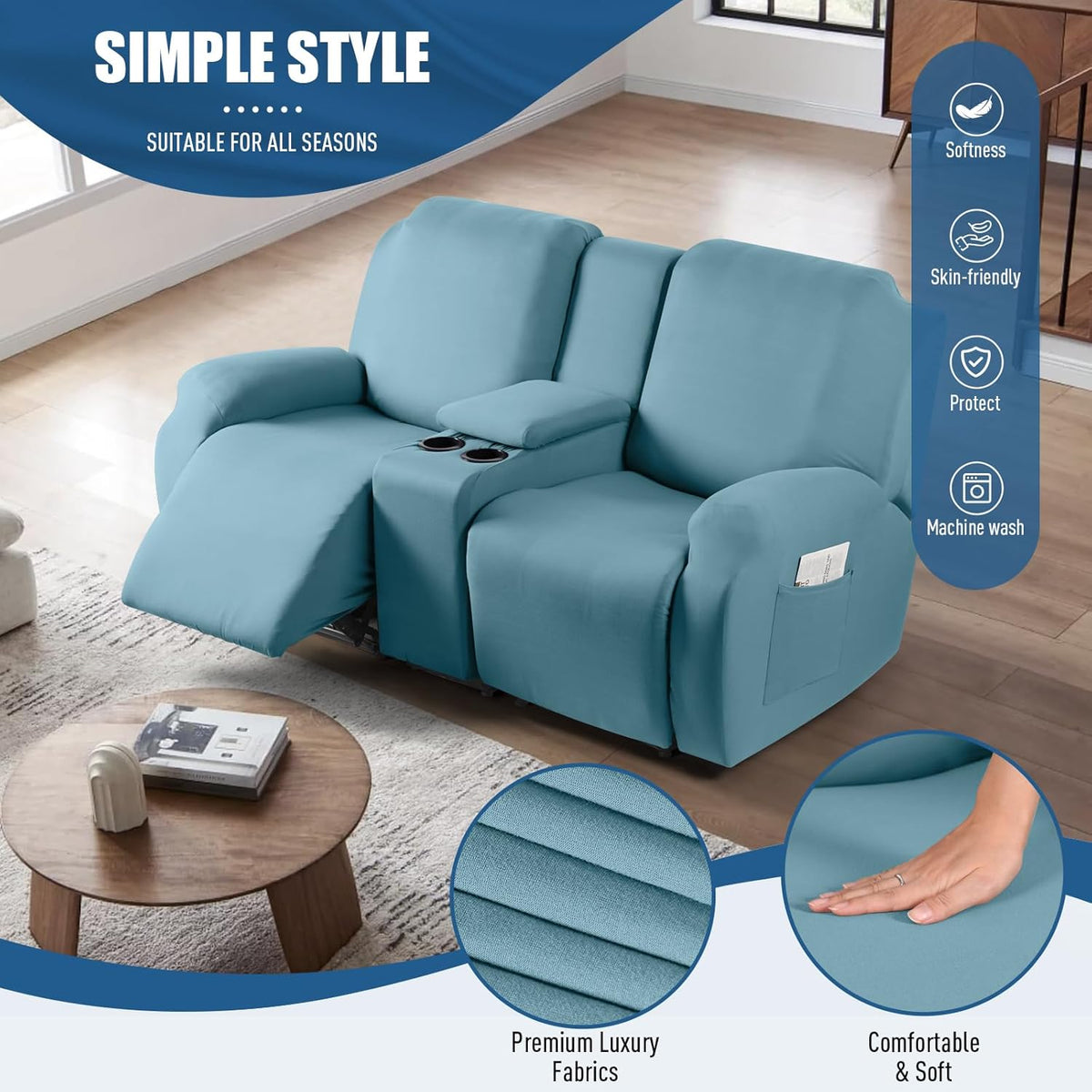 taococo stretch recliner loveseat cover with console 4-Piece in sky blue, furniture protector for kids, pets