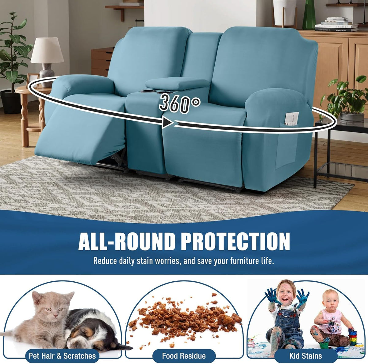 taococo stretch recliner loveseat cover with console 4-Piece in sky blue, furniture protector for kids, pets