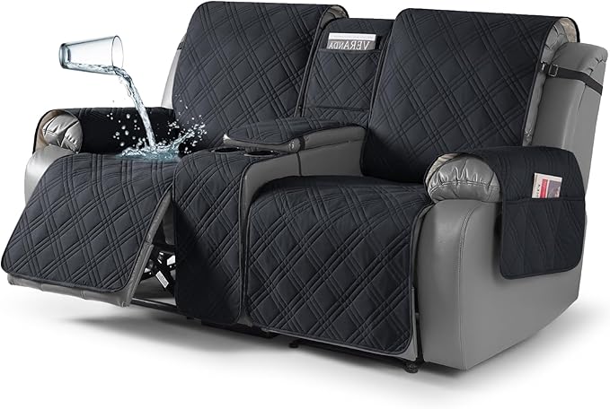 TAOCOCO Waterproof Loveseat Recliner Cover with Center Console 2-Seat in Black – Non-Slip, Pet Friendly