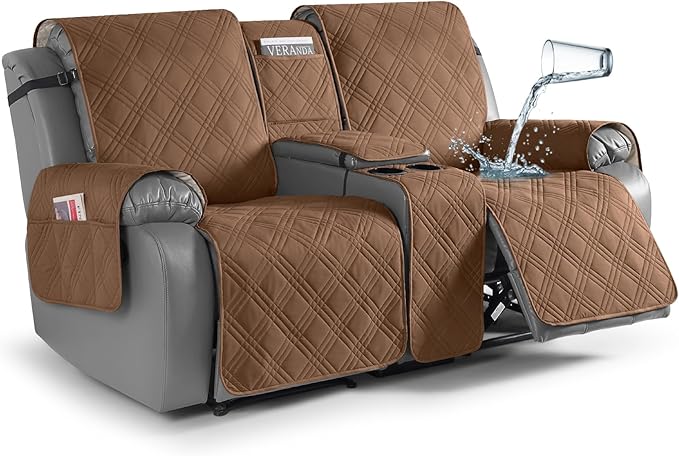 TAOCOCO Waterproof Loveseat Recliner Cover with Center Console 2-Seat in Brown – Non-Slip, Pet Friendly