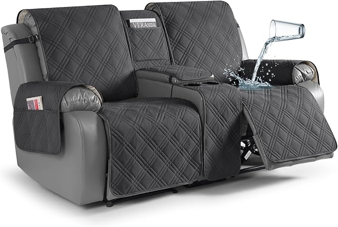 TAOCOCO Waterproof Loveseat Recliner Cover with Center Console 2-Seat in charcoal gray – Non-Slip, Pet Friendly