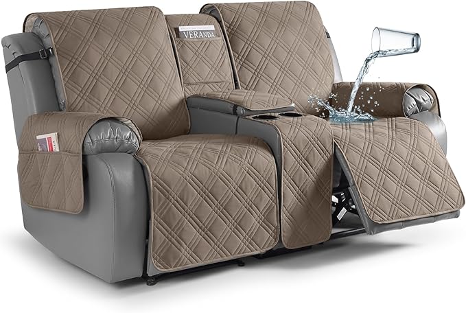 TAOCOCO Waterproof Loveseat Recliner Cover with Center Console 2-Seat in gray taupe – Non-Slip, Pet Friendly