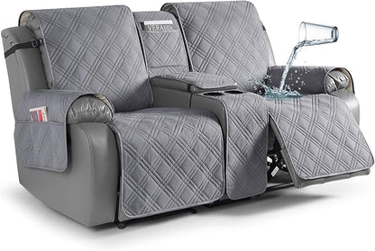 TAOCOCO Waterproof Loveseat Recliner Cover with Center Console 2-Seat in light grey – Non-Slip, Pet Friendly