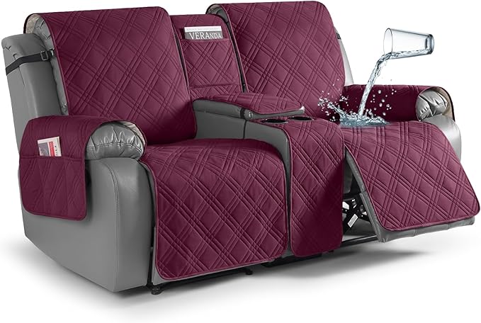 TAOCOCO Waterproof Loveseat Recliner Cover with Center Console 2-Seat in Wine – Non-Slip, Pet Friendly