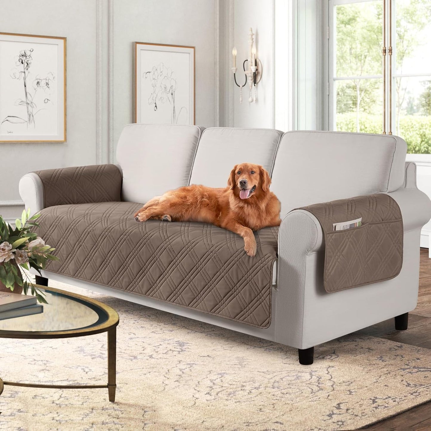 TAOCOCO 100% Waterproof 3-Seater Pet Couch Cover Non-Slip  in Taupe, furniture protector for kids, pets