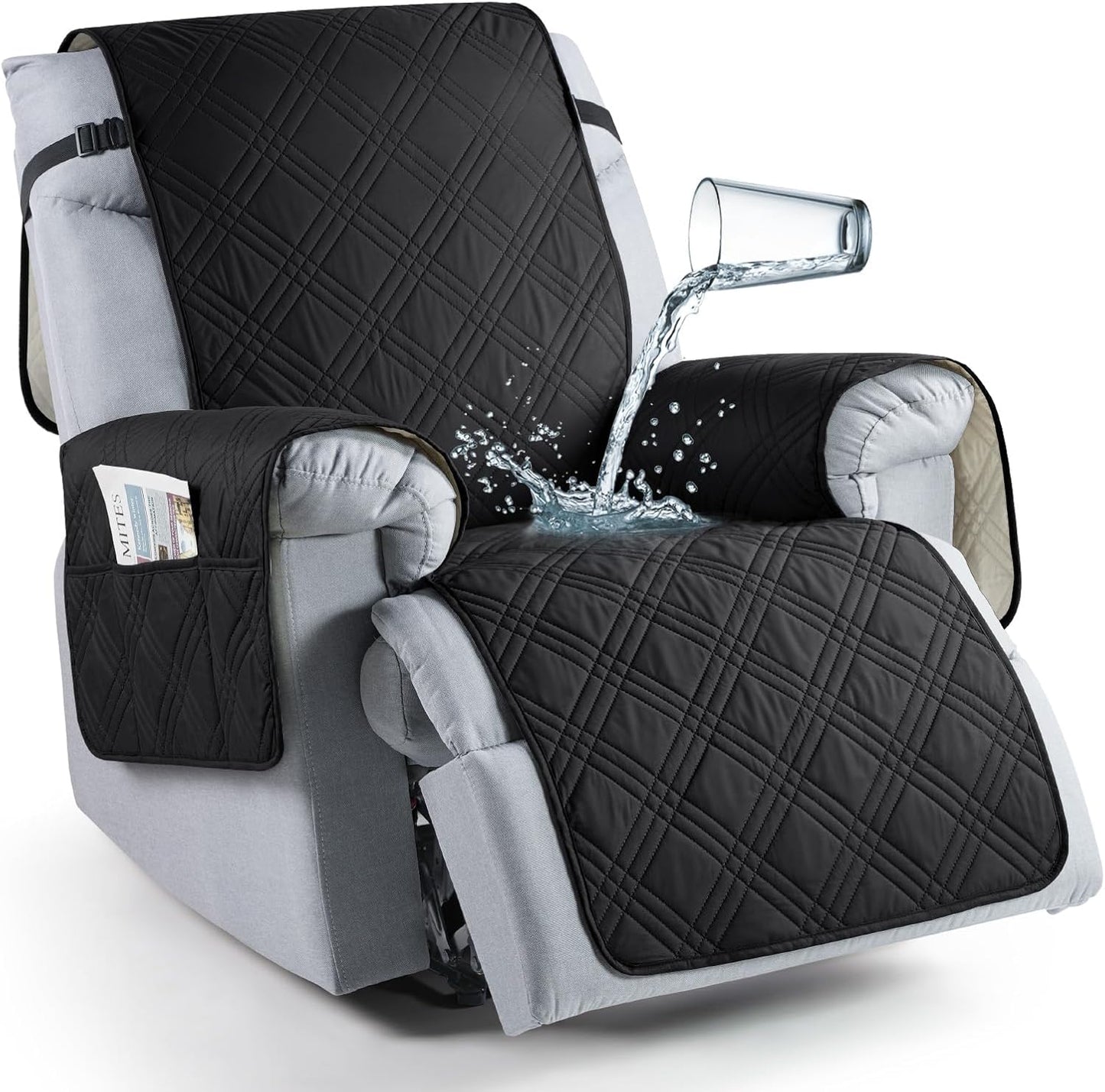 TAOCOCO 100% Waterproof 1-Seater Recliner Chair Cover 20 Inch with Side Pocket in Black