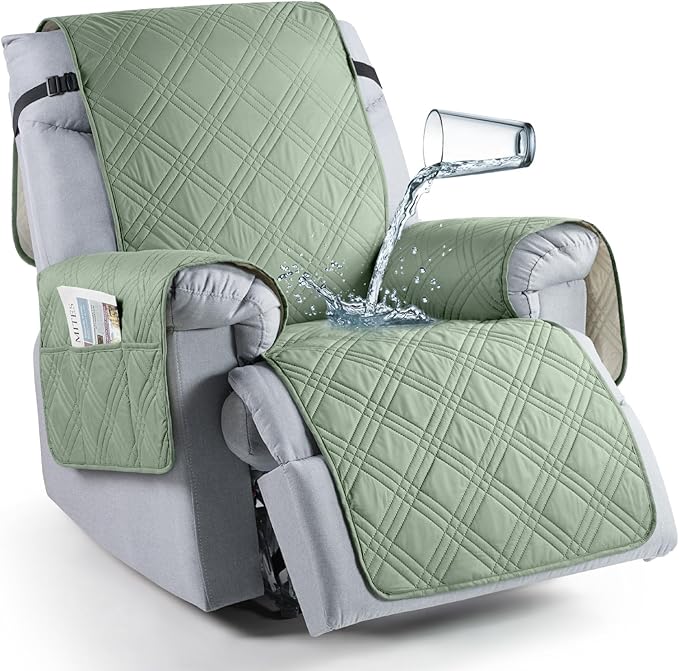 TAOCOCO Waterproof Oversized 1-Seater Recliner Chair Cover 23.6 Inch with Side Pocket For Home Decor in Sage Green