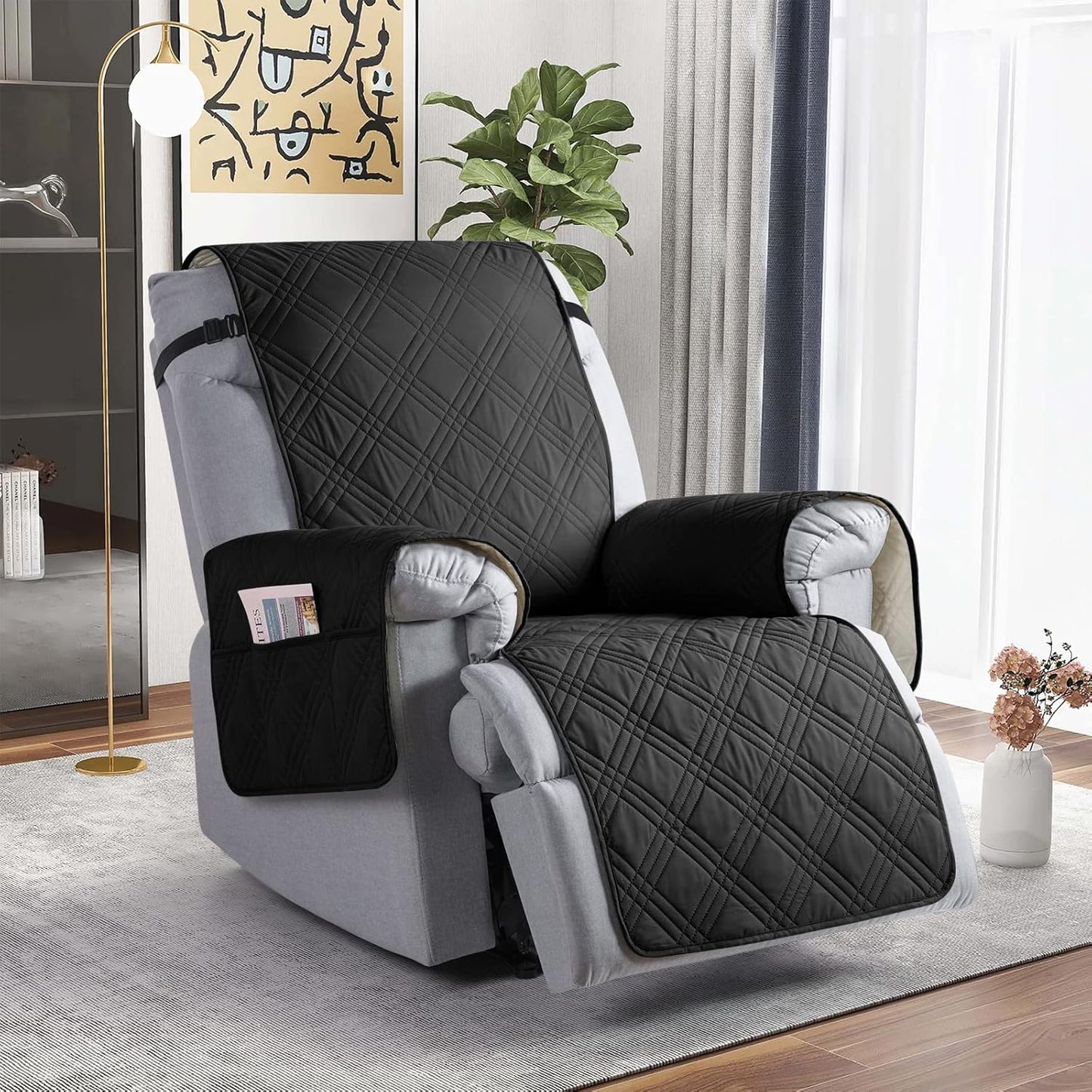 TAOCOCO Waterproof Oversized 1-Seater Recliner Chair Cover 25 Inch with Side Pocket in Black