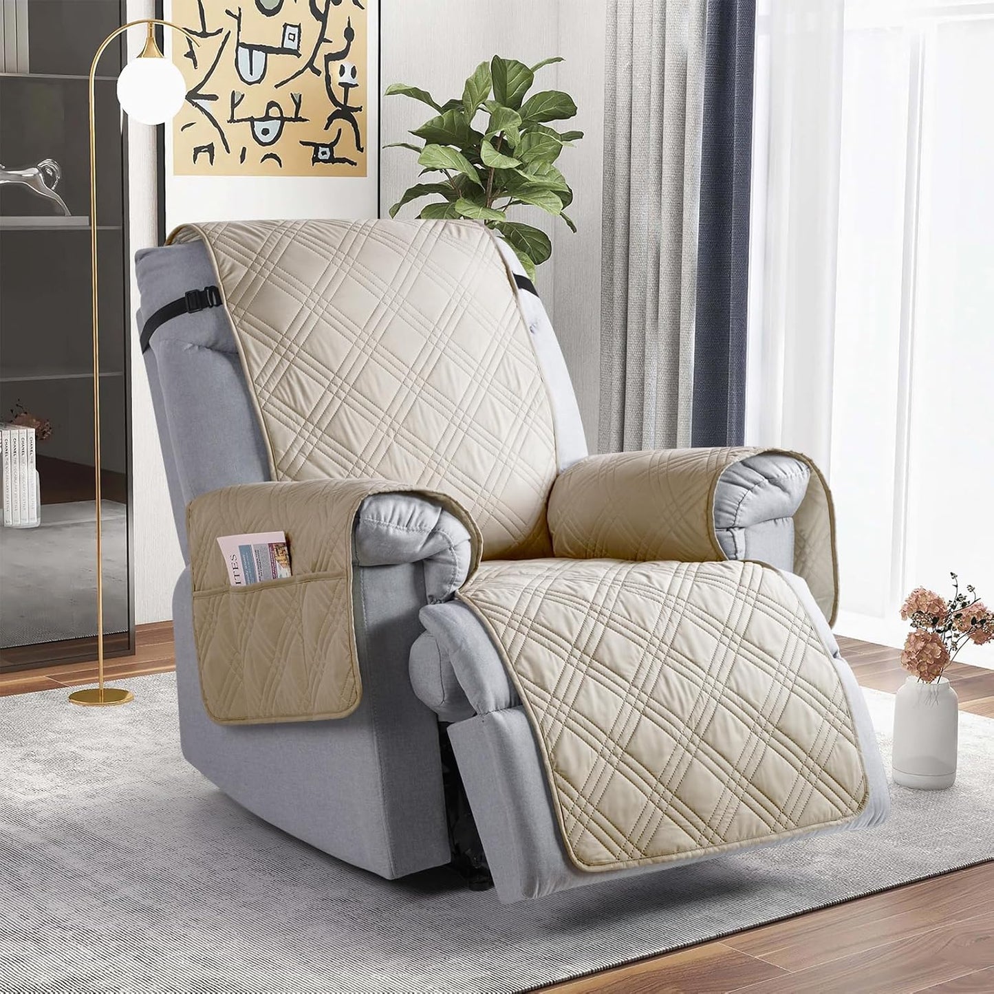 TAOCOCO Waterproof 1-Seater Recliner Chair Cover 28 Inch with Side Pocket in Cream