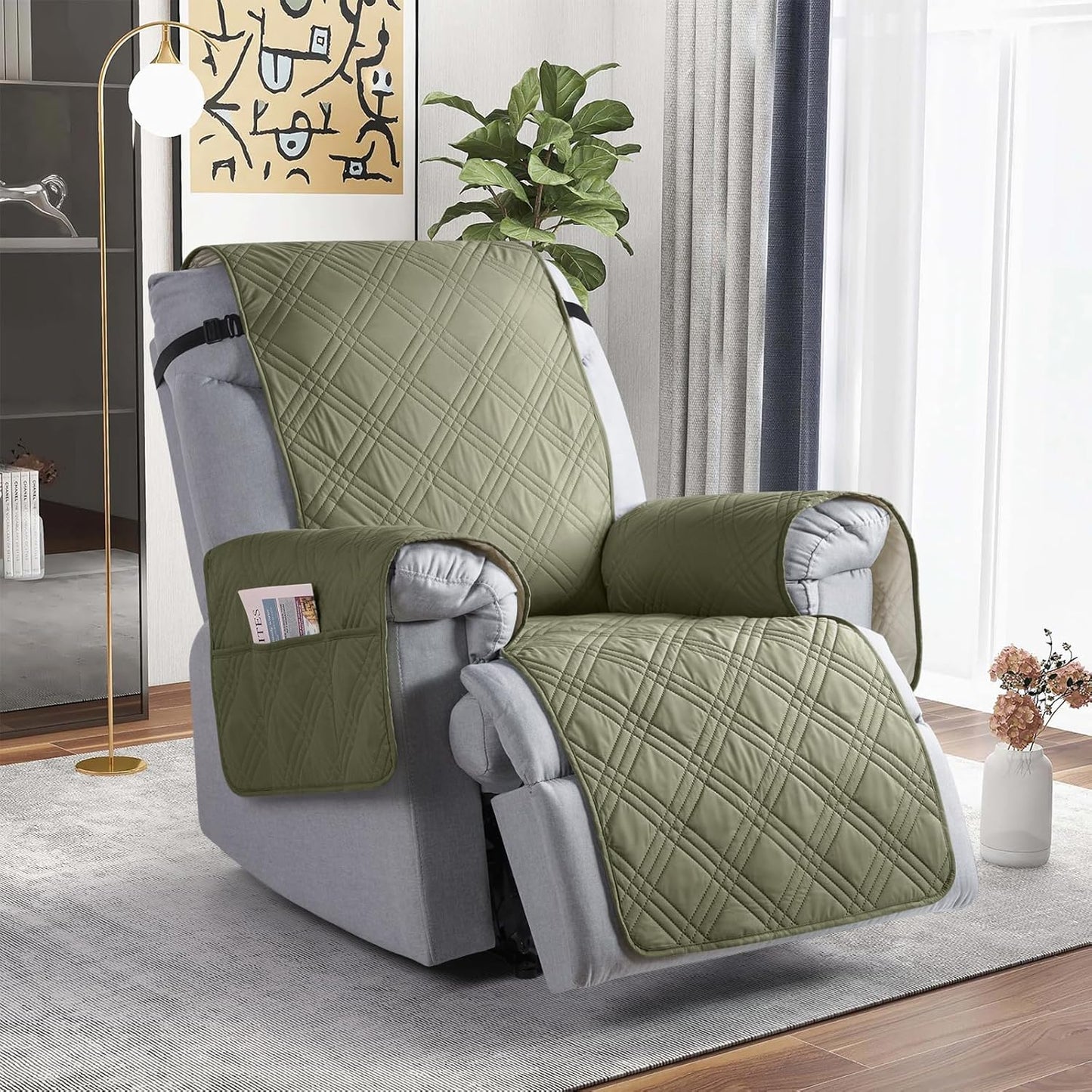 TAOCOCO Waterproof 1-Seater Recliner Chair Cover 28 Inch with Side Pocket in Olive Green