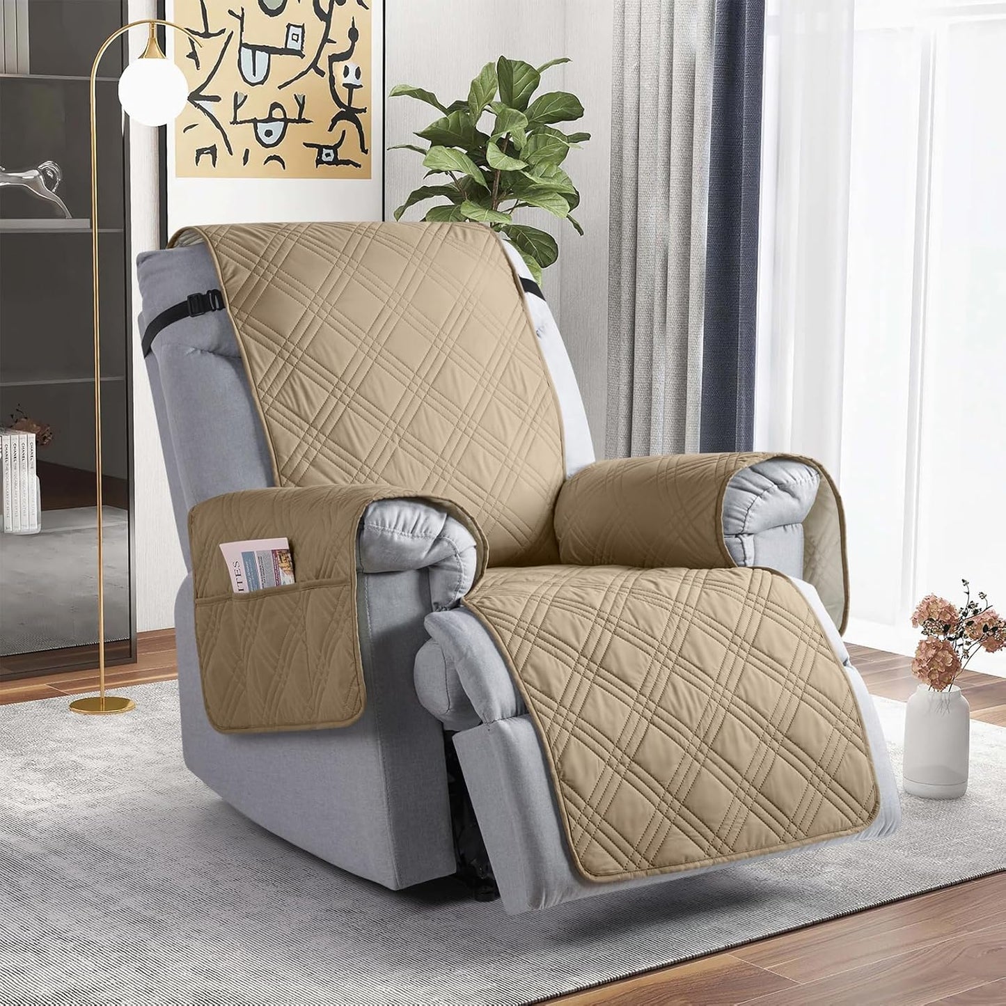 TAOCOCO Waterproof 1-Seater Recliner Chair Cover 28 Inch with Side Pocket in Camel, furniture protector for kids, pets