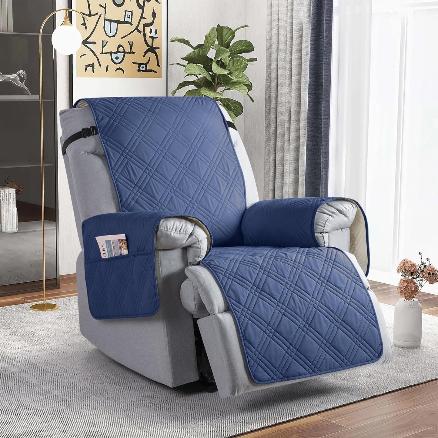 TAOCOCO Waterproof Oversized 1-Seater Recliner Cover 30 Inch with Side Pocket in Ocean Blue, furniture protector for kids, pets