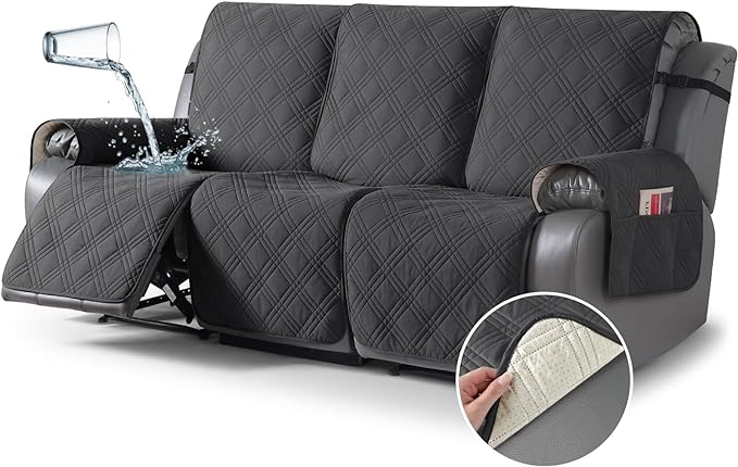 TAOCOCO 100% Waterproof Recliner Sofa Cover 3-Seat in charcoal Gray – Non-Slip, Pet Friendly