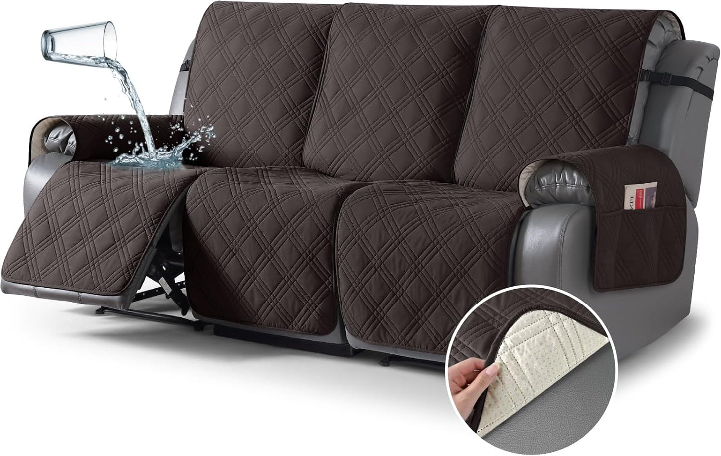 TAOCOCO 100% Waterproof Recliner Sofa Cover 3-Seat in Chocolate – Non-Slip, Pet Friendly