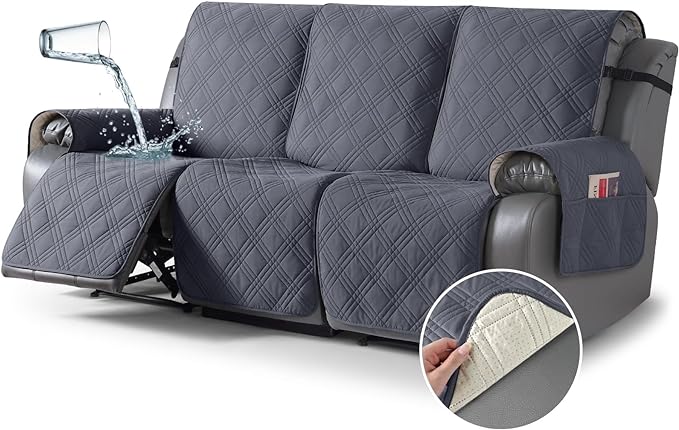 TAOCOCO 100% Waterproof Recliner Sofa Cover 3-Seat in Dark Gray – Non-Slip, Pet Friendly