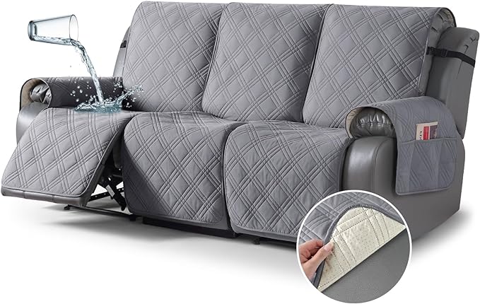 TAOCOCO 100% Waterproof Recliner Sofa Cover 3-Seat in Light Gray – Non-Slip, Pet Friendly
