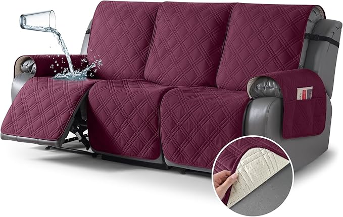 TAOCOCO 100% Waterproof Recliner Sofa Cover 3-Seat in Wine – Non-Slip, Pet Friendly