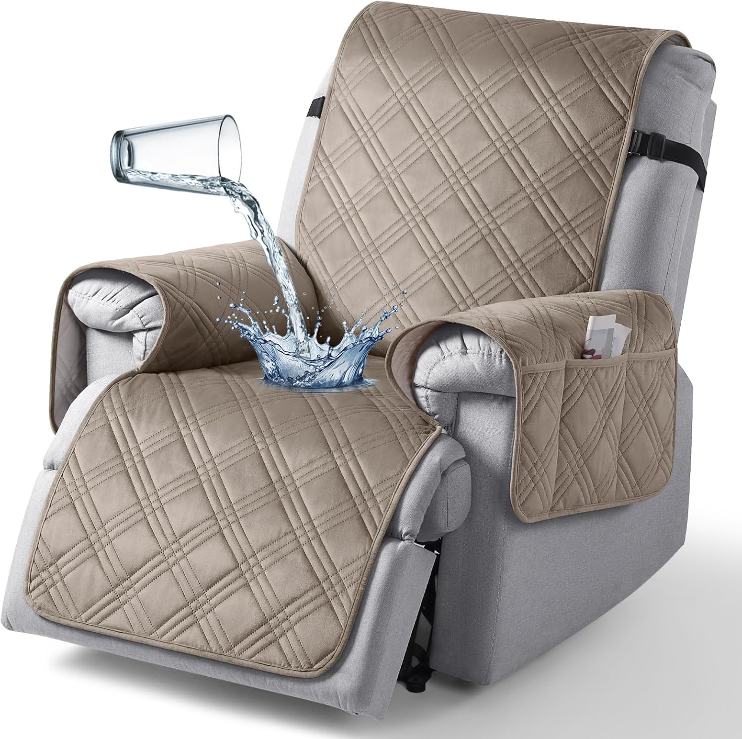 TAOCOCO 100% Waterproof Velvet 1-Seater Recliner Chair Cover 30 Inch in Light Taupe, furniture protector for kids, pets
