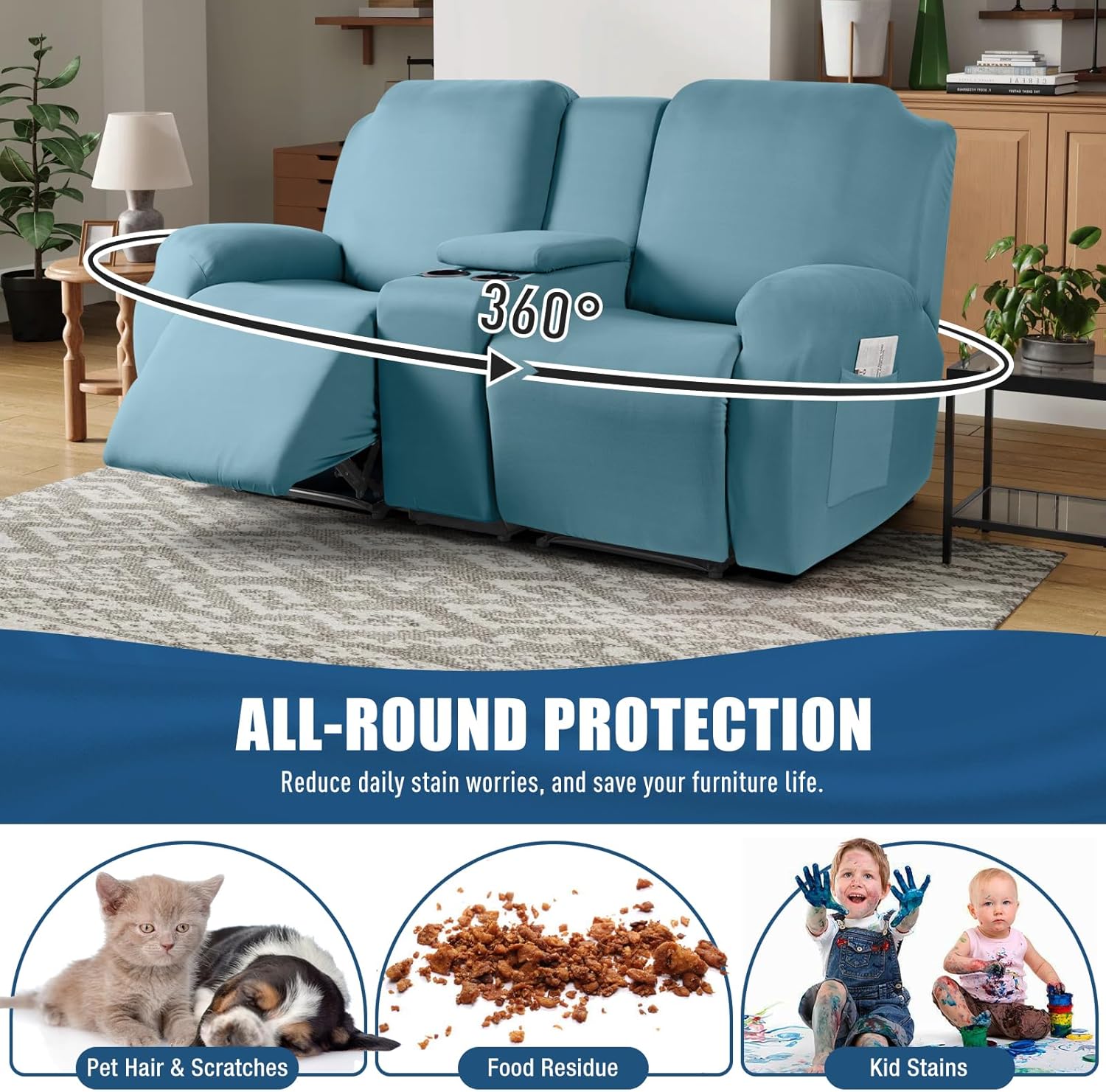 taococo stretch recliner loveseat cover with console 4-Piece in dark grey, furniture protector for kids, pets